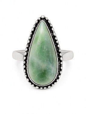 925 Stamped - Sterling Silver Teardrop Handcrafted Green Stone Ring